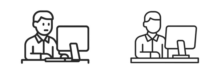 Fototapeta premium Set of web icons featuring individuals using computers in an office environment for digital tasks and online activities