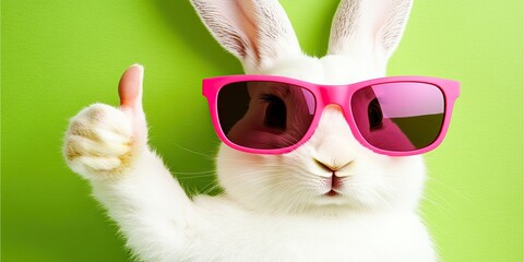 Cute white bunny with pink sunglasses giving a thumbs up against a bright green background
