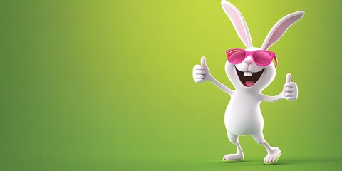 Happy cartoon rabbit in sunglasses, giving thumbs up, against a vibrant green background