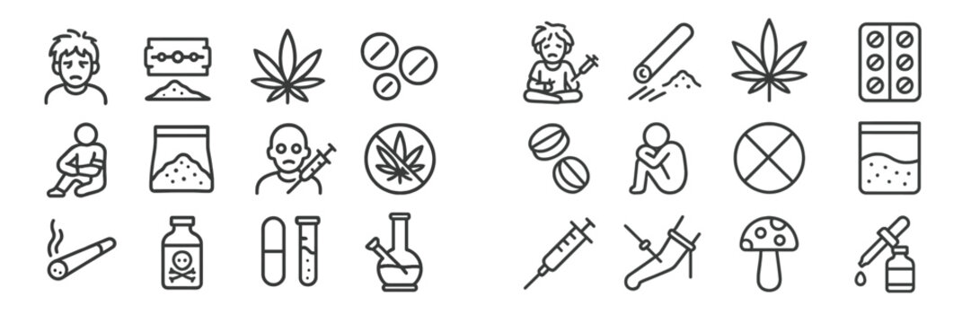 Collection of web icons depicting substance use and addiction themes for educational or informational purposes