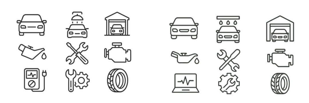 Set of web icons representing automotive services including maintenance, repair, and diagnostics for vehicles