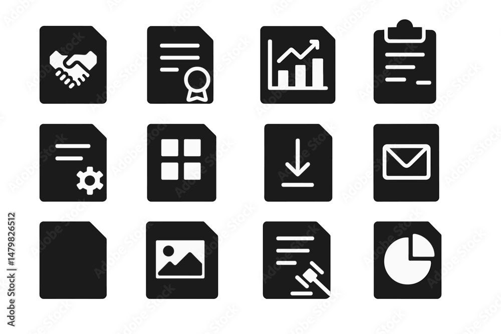 Poster Set of black web icons representing various functions and features for digital platforms including communication, data analysis, and documentation