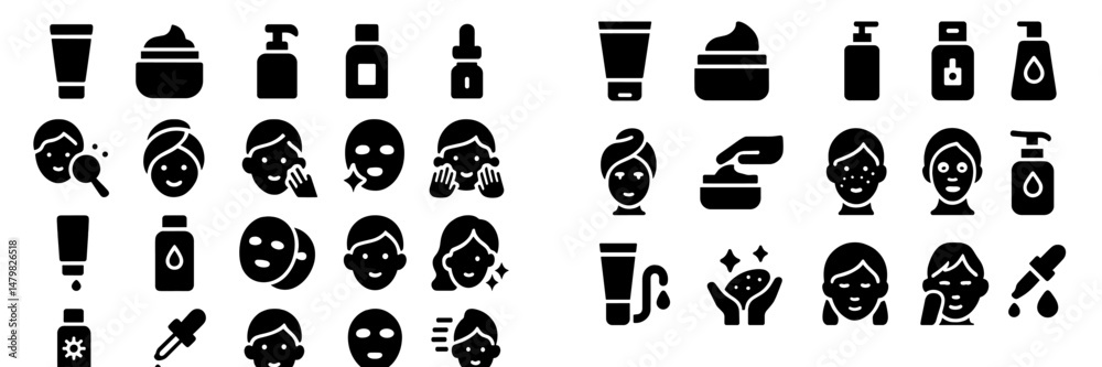 Poster Collection of black web icons representing skincare products and routines for beauty websites and applications