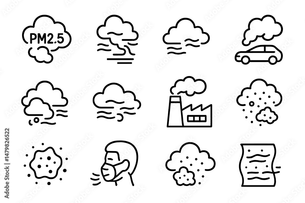 Poster set of web icons illustrating air quality and pollution concepts including pm2.5, vehicle emissions,