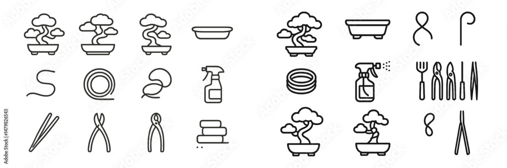 Poster line art web icons featuring gardening tools and bonsai designs suitable for nature-themed projects 