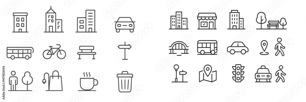 Poster Collection of minimalist web icons representing urban life and transportation elements in a modern design style