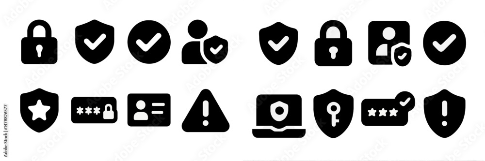 Poster collection of web icons related to security and verification for digital applications and user inter