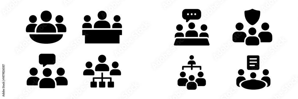 Aufkleber Set of black web icons representing group discussions, meetings, and organizational structures for digital platforms