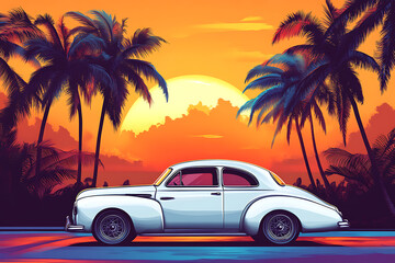 Classic car parked under palm trees at sunset, vibrant colors reflecting on the road