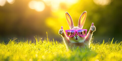 Cute bunny in pink sunglasses giving thumbs up in a grassy field at sunset