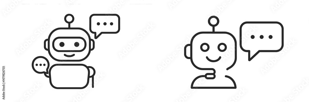 Poster set of simple web icons depicting friendly robot chatbots with speech bubbles for communication purp
