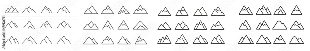 Poster collection of web icons featuring various mountain shapes designed for user interfaces and digital a