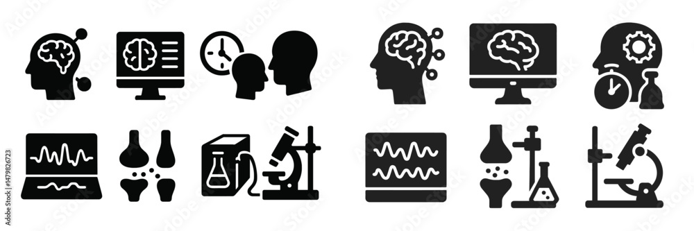 Poster collection of black web icons representing science, technology, and research concepts for digital us