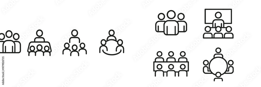 Poster Diverse set of web icons representing group activities, meetings, and teamwork in various contexts such as collaboration and presentations