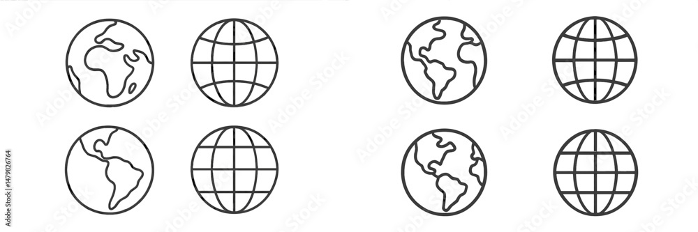 Poster set of six web icons representing globes with various designs for digital projects and interfaces