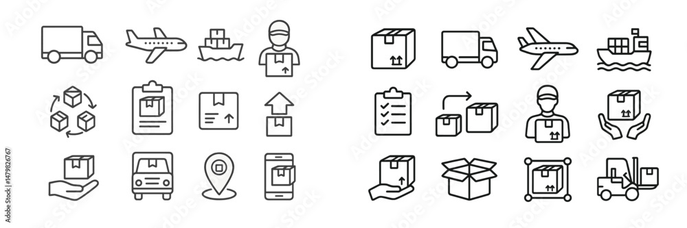 Poster collection of web icons featuring delivery, logistics, and transportation symbols for efficient comm