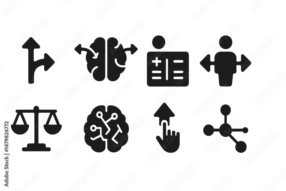 Aufkleber set of web icons featuring symbols for navigation, analytics, healthcare, and decision-making proces