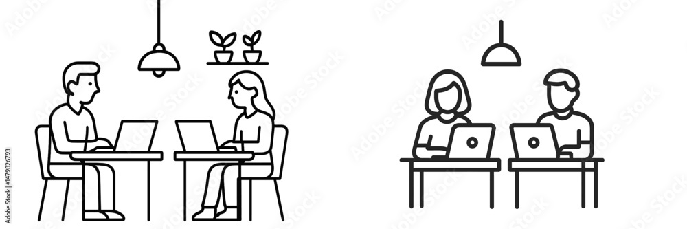 Fototapete Collaboration between individuals using laptops for work or study in a minimalistic workspace setting