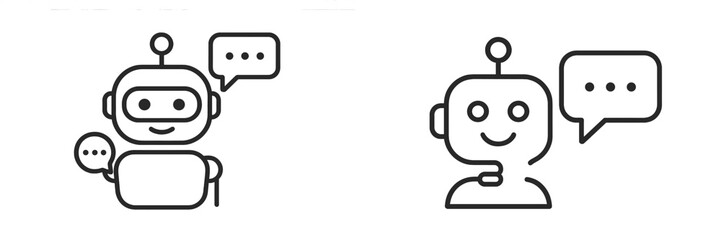 Set of simple web icons depicting friendly robot chatbots with speech bubbles for communication purposes in digital design