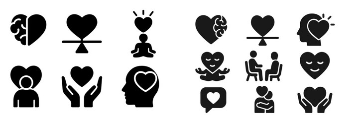 Collection of web icons representing themes of love, mental health, and emotional well-being in a modern design