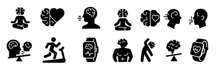 Collection of web icons showcasing mental health, fitness, and mindfulness themes for digital applications