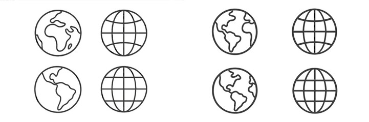 Set of six web icons representing globes with various designs for digital projects and interfaces