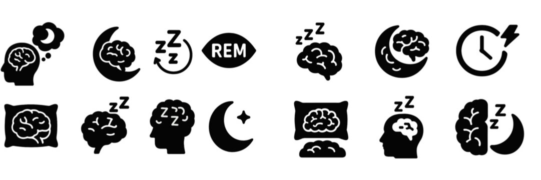Set of web icons representing sleep, dreams, and brain activity with various designs in black and white