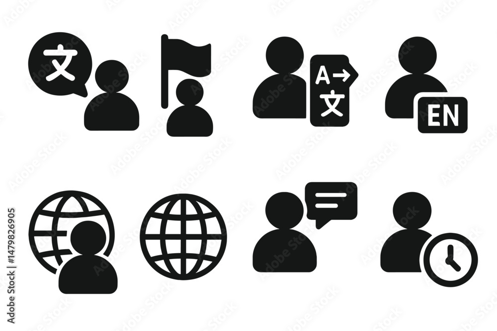 Poster web icons showcasing communication, translation, and global interaction concepts in a minimalist sty