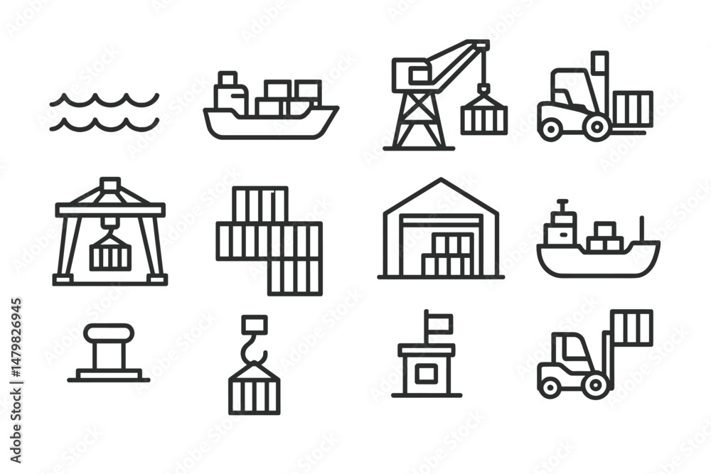 Poster Web icons representing various aspects of shipping and logistics activities in a minimalist design style