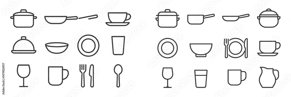 Poster collection of minimalistic web icons representing kitchen utensils and dining essentials for culinar
