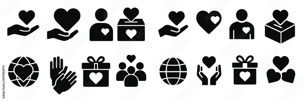 Poster web icons showcasing love, community, and giving in various relatable forms and designs for digital 