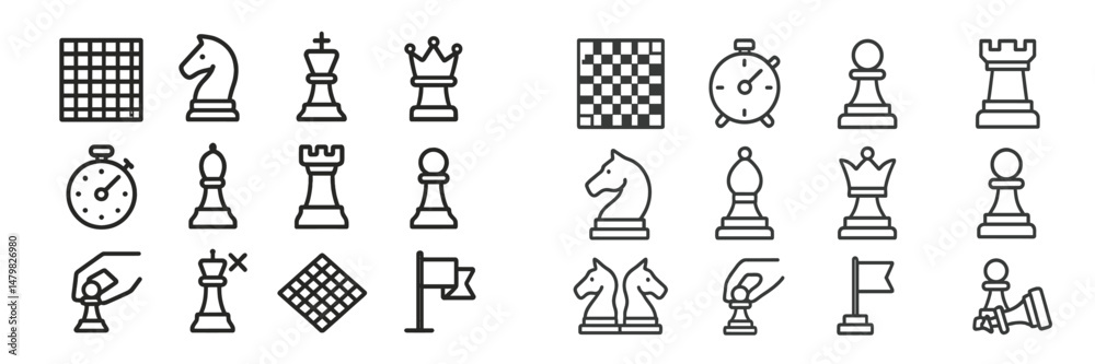 Poster Set of web icons featuring chess pieces, board, and related elements for game design and digital applications