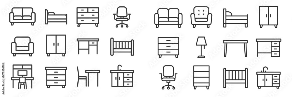 Poster Collection of web icons depicting various furniture items and home office elements for design and digital projects