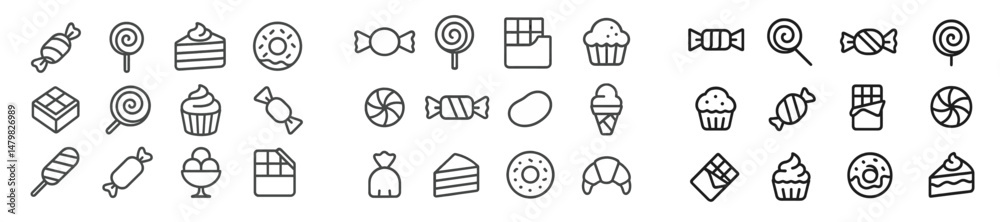 Poster collection of web icons featuring various dessert items such as cupcakes, lollipops, and chocolates 