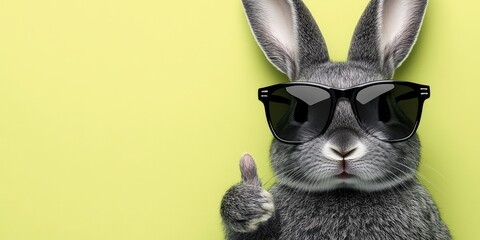 Playful gray bunny with sunglasses giving a thumbs up against a lime green background