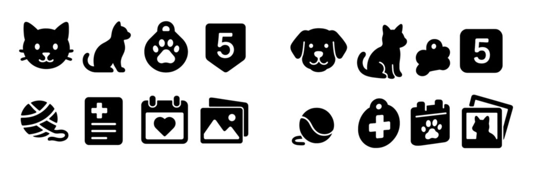 Collection of web icons representing pets, healthcare, and digital organization in minimalist design