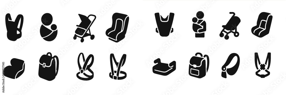 Poster collection of black web icons representing parenting and childcare essentials for digital use