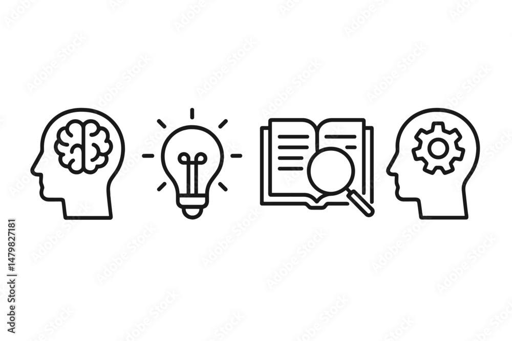Poster set of simple web icons depicting brain, light bulb, book with magnifying glass, and gear for learni