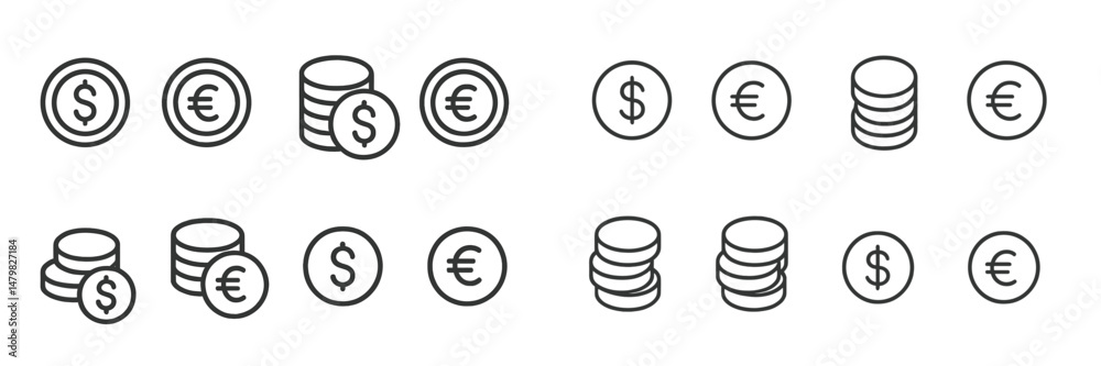 Aufkleber Set of web icons representing different currency symbols and coins in a minimalist style for digital applications
