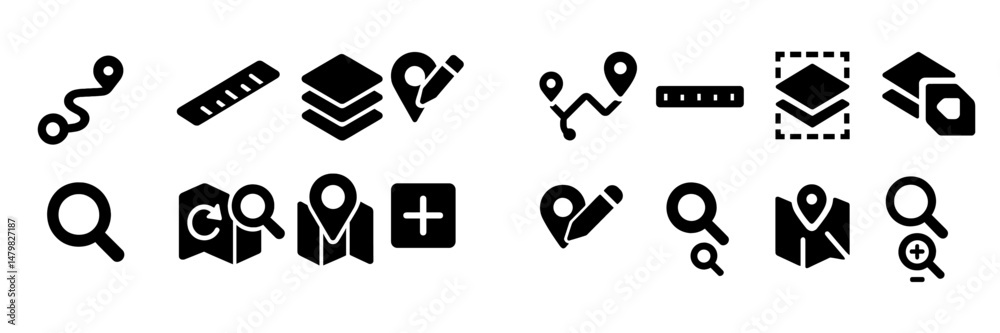 Poster collection of web icons for navigation, mapping, and user interface applications in a modern design 