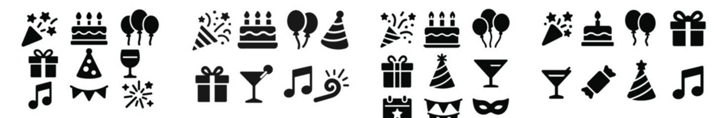 Collection of festive web icons for celebrations and events featuring gift boxes, balloons, and party symbols