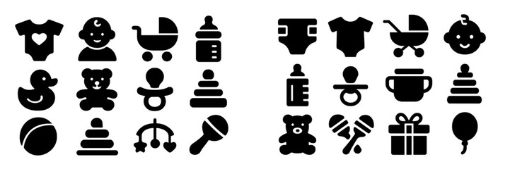 Collection of baby-themed web icons designed for childcare applications and services featuring various playful elements