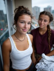 Close-up of two young women on a balcony with city views, relaxed and casual outdoor setting