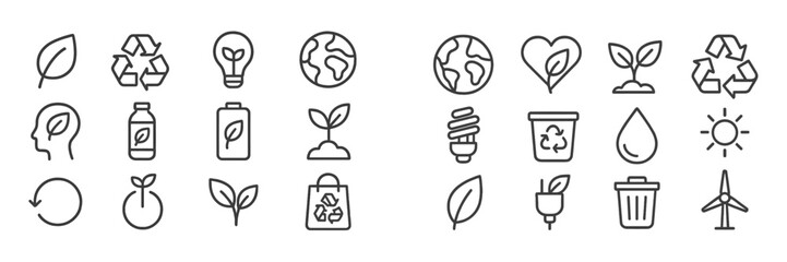 Collection of web icons depicting environmental sustainability and eco-friendly themes for digital use