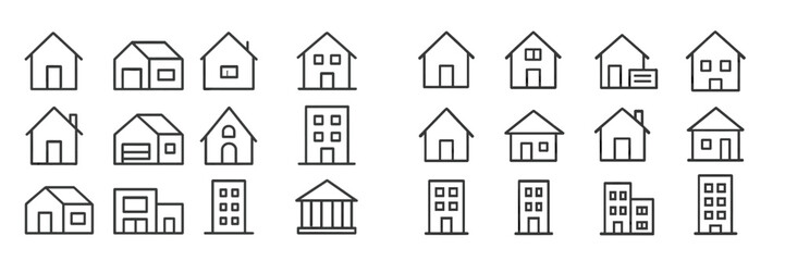 Collection of minimalist web icons representing various house and building designs suitable for digital projects