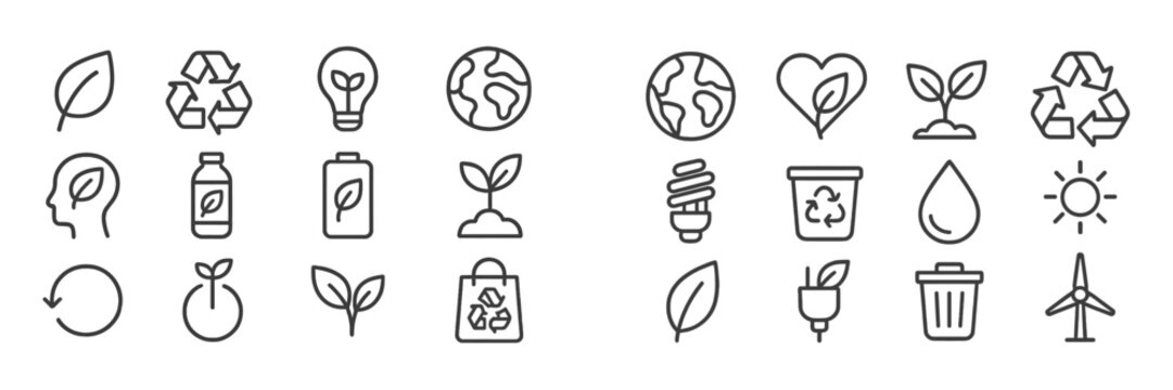 Collection of web icons depicting environmental sustainability and eco-friendly themes for digital use