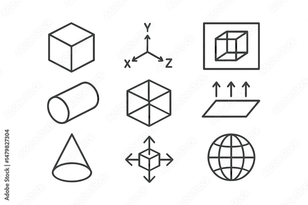 Aufkleber Collection of web icons representing various geometric shapes and 3D figures for digital design use
