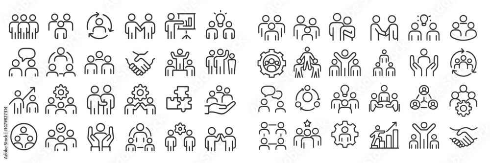 Poster collection of web icons representing teamwork, collaboration, and business activities for digital us