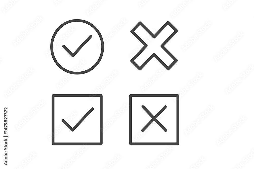 Poster set of four web icons representing check and cross marks for design and user interface applications