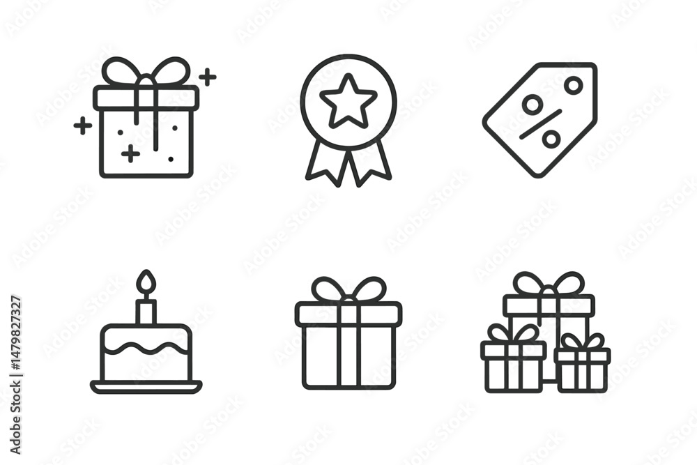 Poster collection of web icons featuring gift boxes, rewards, and festive elements in a minimalistic design
